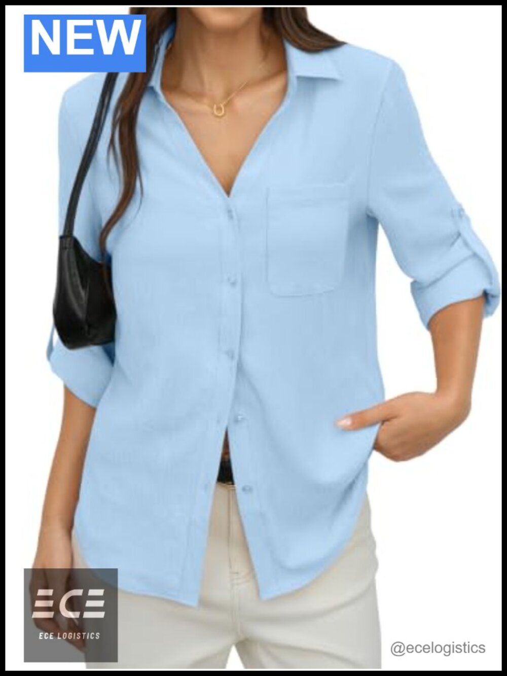 Womens Button Down Shirt Rolled Up Long Sleeve V Neck Loose Casual Blouse